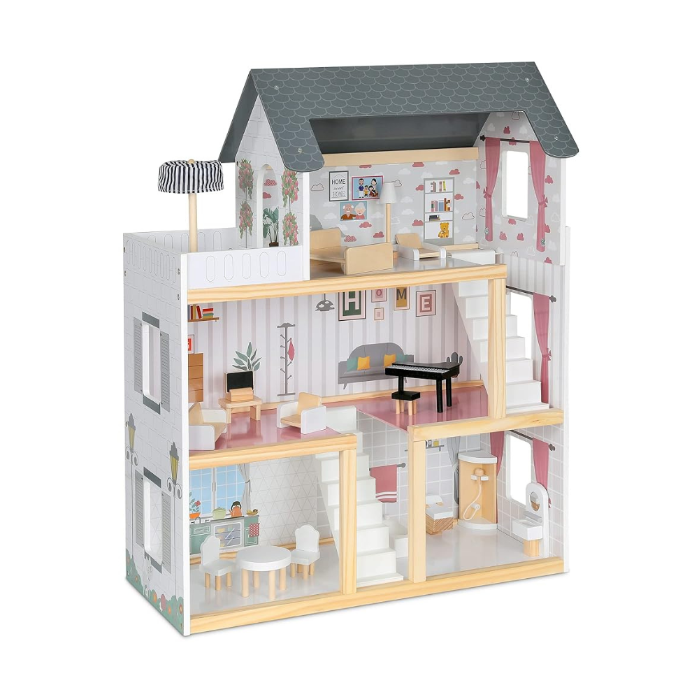 Kids Wooden Dollhouse – With Elevator Balcony & Stairs Accessories